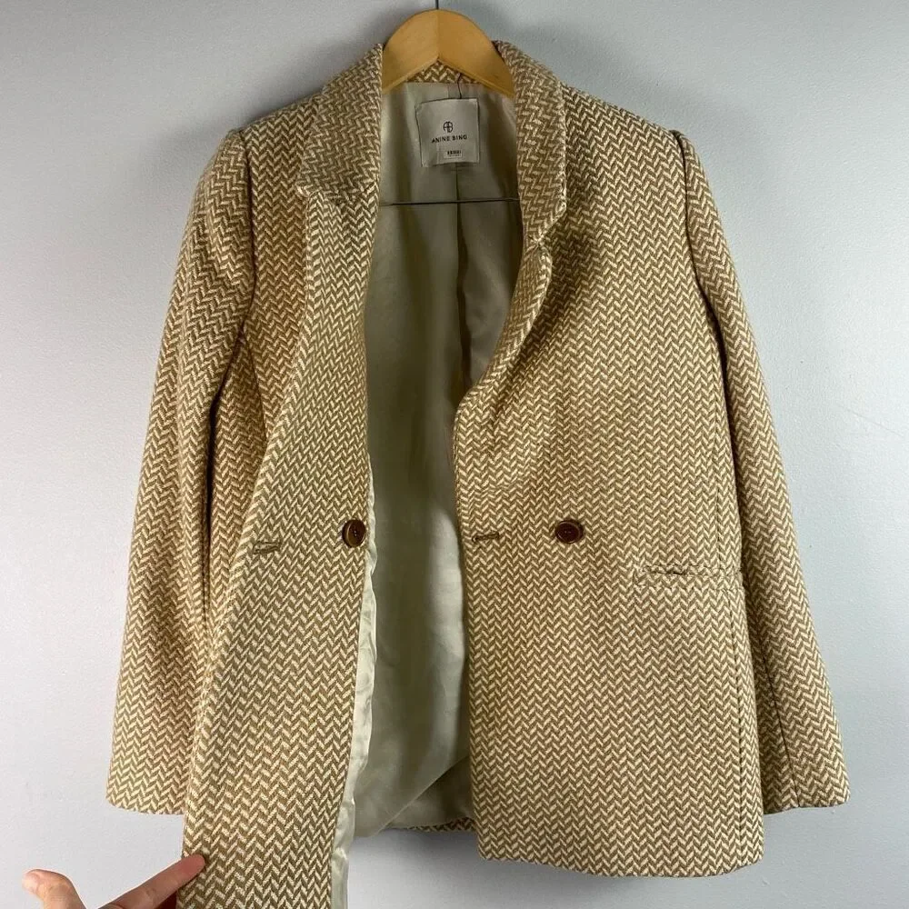 ANINE BING Fishbone Herringbone Pattern Blazer Jacket